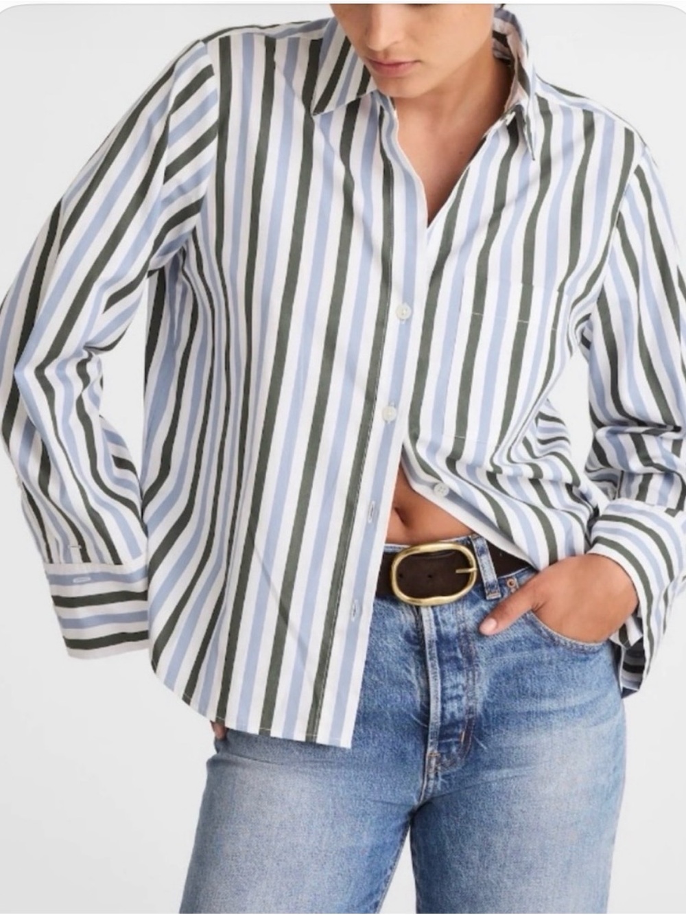 Madewell XL Easy Button-Up Shirt Botanical Green Blue White Stripe Like New - Picture 1 of 4